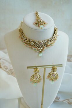 Somya pastel beaded kundan necklace set with matching earrings and tikka - mint and pink South Asian jewelry set
