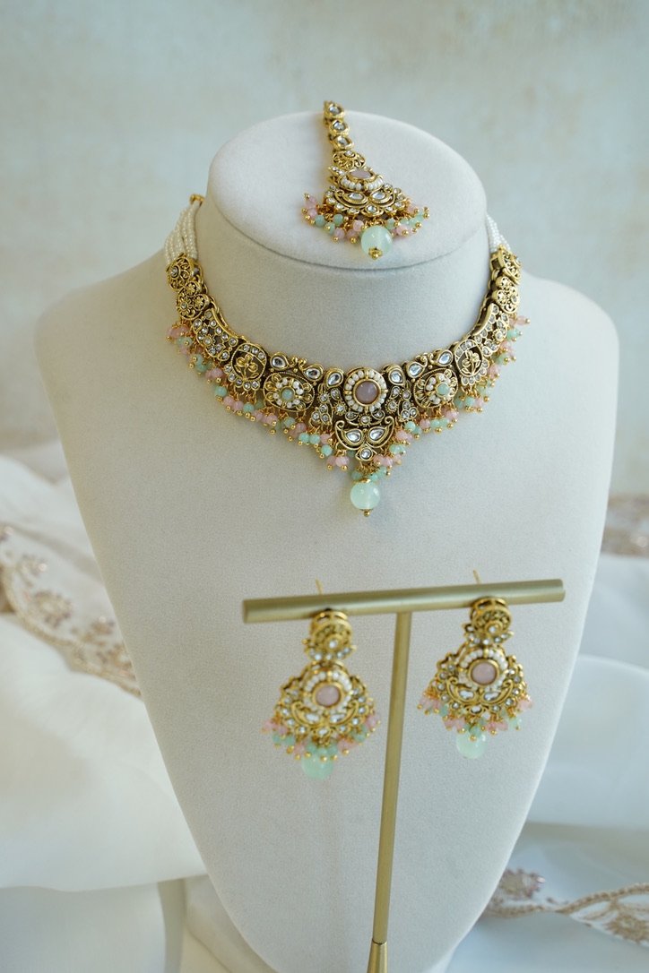 Somya pastel beaded kundan necklace set with matching earrings and tikka - mint and pink South Asian jewelry set