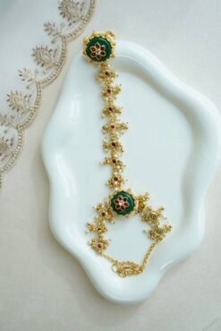 Seyora Jewels traditional hathphool hand chain featuring an adjustable finger ring and connecting chain in a bright gold-plated heritage finish.