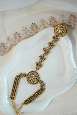 Seyora Jewels Sia traditional floral hathpan hand chain featuring an adjustable flower ring and a structured bracelet-style wrist band.