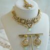 Somya pastel beaded kundan necklace set with matching earrings and tikka - mint and pink South Asian jewelry set