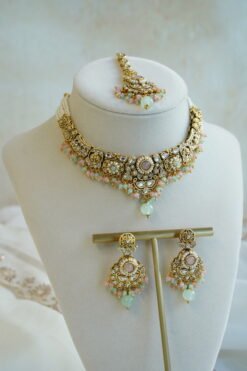 Somya pastel beaded kundan necklace set with matching earrings and tikka - mint and pink South Asian jewelry set