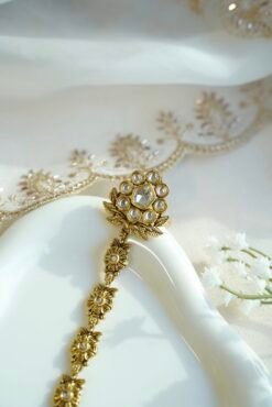 Seyora Jewels Diya floral Kundan hathpan hand chain featuring a kundan-studded flower ring and a detailed connecting chain linked to an adjustable wrist strap.