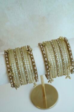 Alternative view of Cream Glass Bangle Set with Accent Kadas and Ghungroos