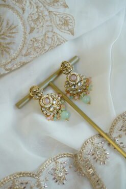 Somya pastel beaded kundan necklace set with matching earrings and tikka - mint and pink South Asian jewelry set