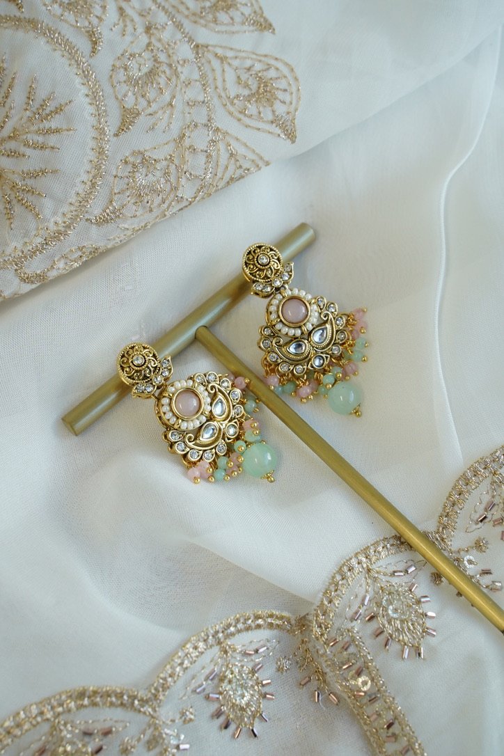Somya pastel beaded kundan necklace set with matching earrings and tikka - mint and pink South Asian jewelry set