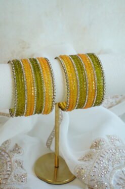 Layla green and orange glass bangle set with stone detailing - South Asian festive bangles