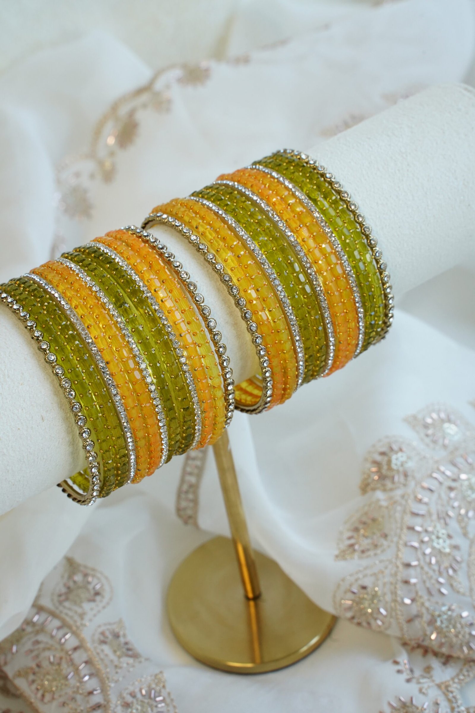 Layla green and orange glass bangle set with stone detailing - South Asian festive bangles