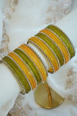 Layla green and orange glass bangle set with stone detailing - South Asian festive bangles