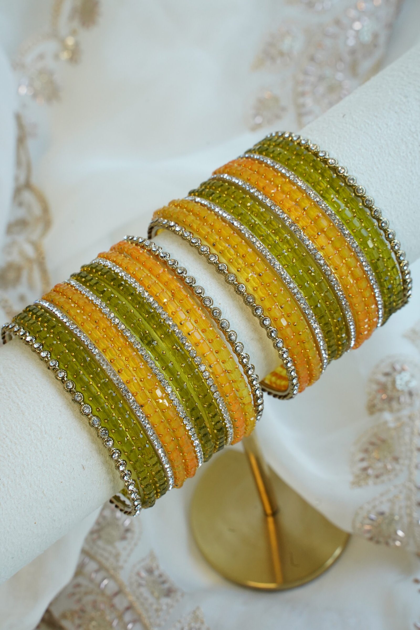 Layla green and orange glass bangle set with stone detailing - South Asian festive bangles