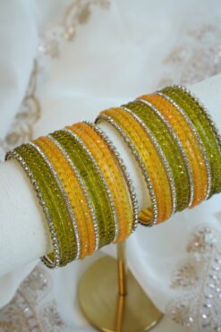 Layla green and orange glass bangle set with stone detailing - South Asian festive bangles
