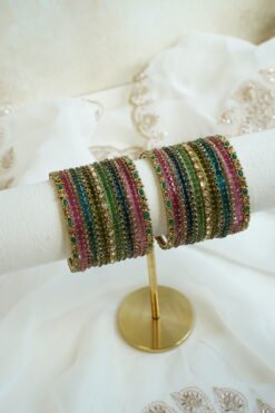 Reeva multi color glass bangle set with stone detailing - South Asian festive bangles