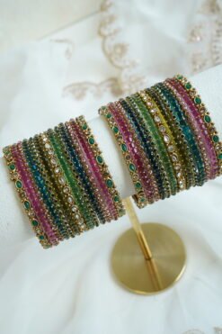 Reeva multi color glass bangle set with stone detailing - South Asian festive bangles