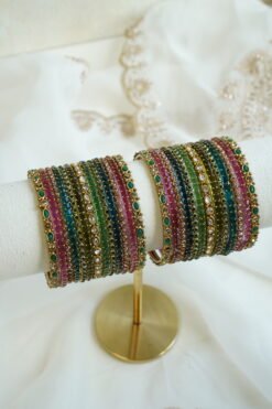 Reeva multi color glass bangle set with stone detailing - South Asian festive bangles
