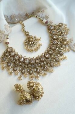 Tanya champagne stone necklace set with crystal beads and matching jhumka earrings and tikka - South Asian bridal jewelry
