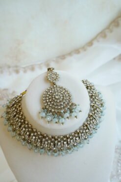 Alaya zircon necklace set with matching earrings and tikka - South Asian festive jewelry