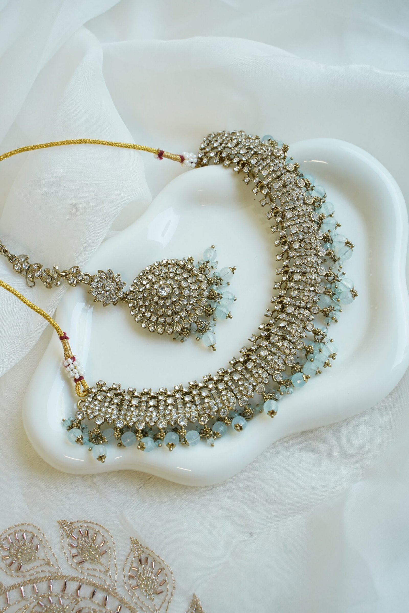 Alaya zircon necklace set with matching earrings and tikka - South Asian festive jewelry