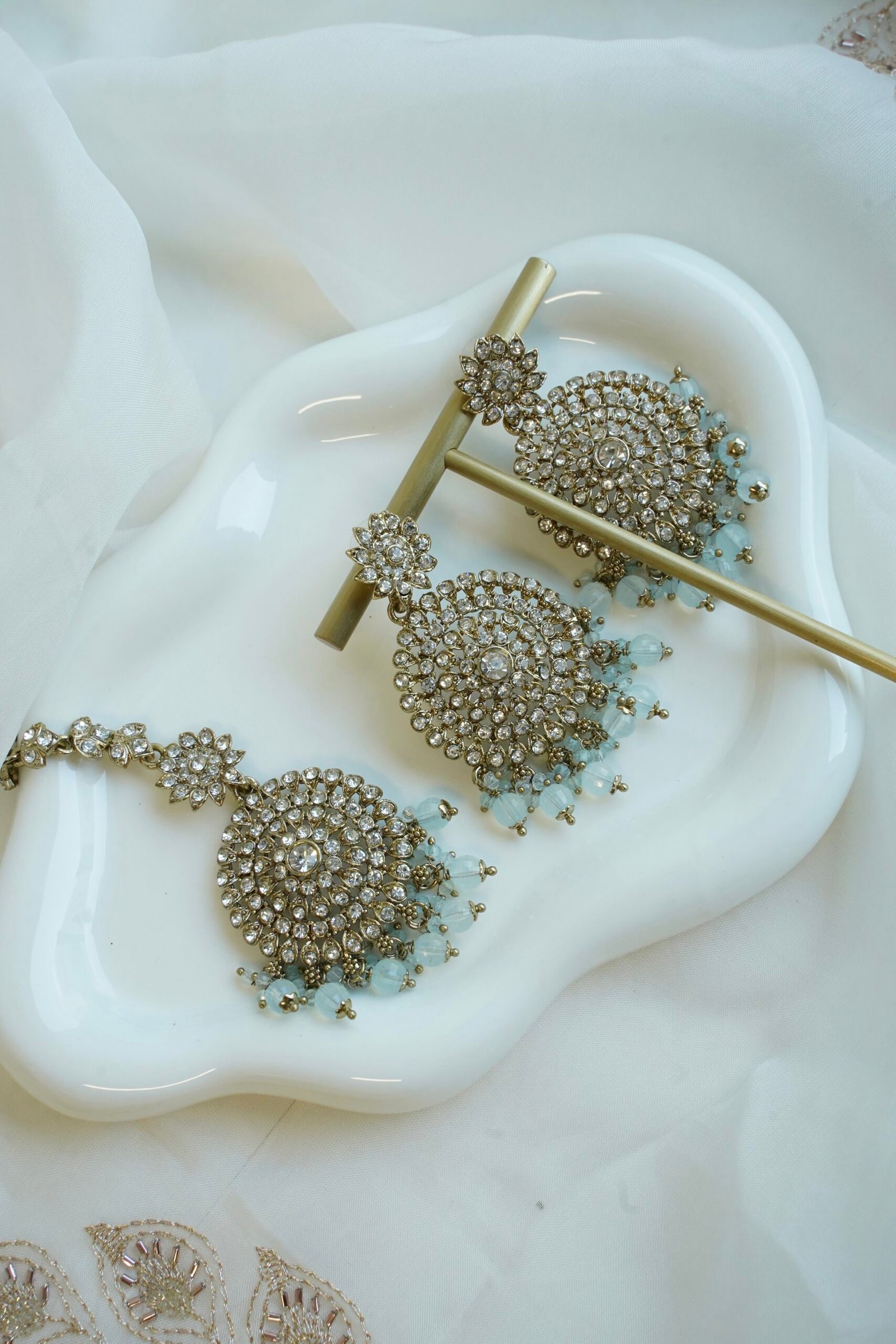 Alaya zircon necklace set with matching earrings and tikka - South Asian festive jewelry