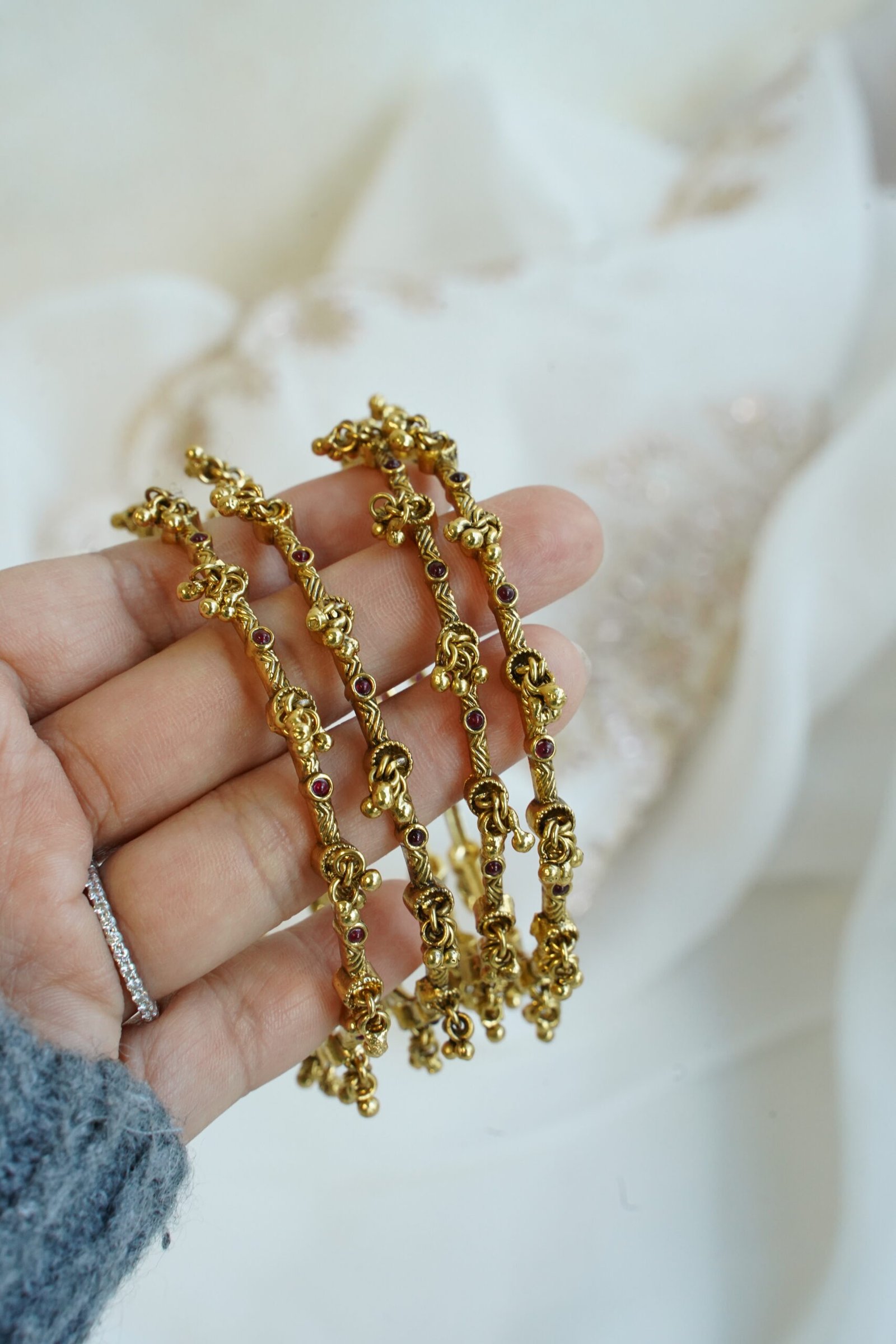 Antique ghungroo bangle set of 4 with stone accents - South Asian layering bangles
