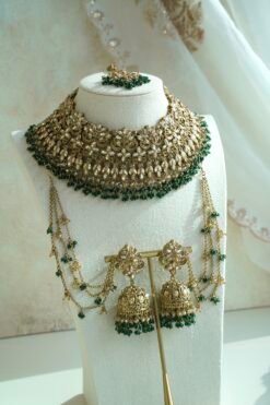 Champagne and green beaded bridal set with jhumka earrings, kanchain, tikka, and passa - South Asian wedding jewelry