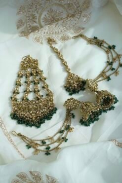 Champagne and green beaded bridal set with jhumka earrings, kanchain, tikka, and passa - South Asian wedding jewelry