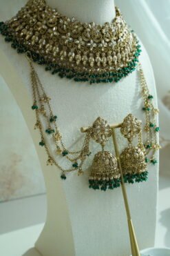 Champagne and green beaded bridal set with jhumka earrings, kanchain, tikka, and passa - South Asian wedding jewelry