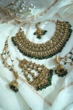 Champagne and green beaded bridal set with jhumka earrings, kanchain, tikka, and passa - South Asian wedding jewelry