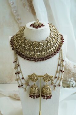 Champagne and maroon beaded bridal set with jhumka earrings, kanchain, tikka, and passa - South Asian wedding jewelry