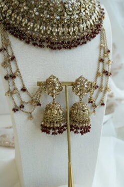 Champagne and maroon beaded bridal set with jhumka earrings, kanchain, tikka, and passa - South Asian wedding jewelry