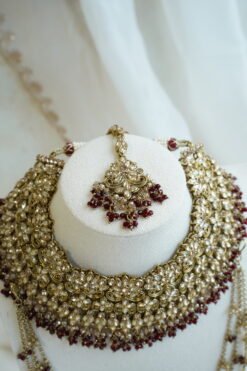 Champagne and maroon beaded bridal set with jhumka earrings, kanchain, tikka, and passa - South Asian wedding jewelry
