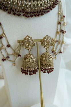 Champagne and maroon beaded bridal set with jhumka earrings, kanchain, tikka, and passa - South Asian wedding jewelry