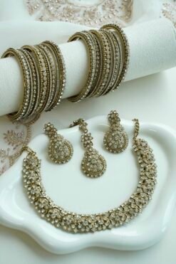 necklace and matching bangle combo set with earrings and tikka - South Asian festive jewelry