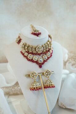 Geet kundan necklace set in pink with matching jhumka earrings and tikka - South Asian festive jewelry