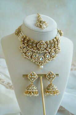 kundan necklace set in white with matching jhumka earrings and tikka - South Asian festive jewelry