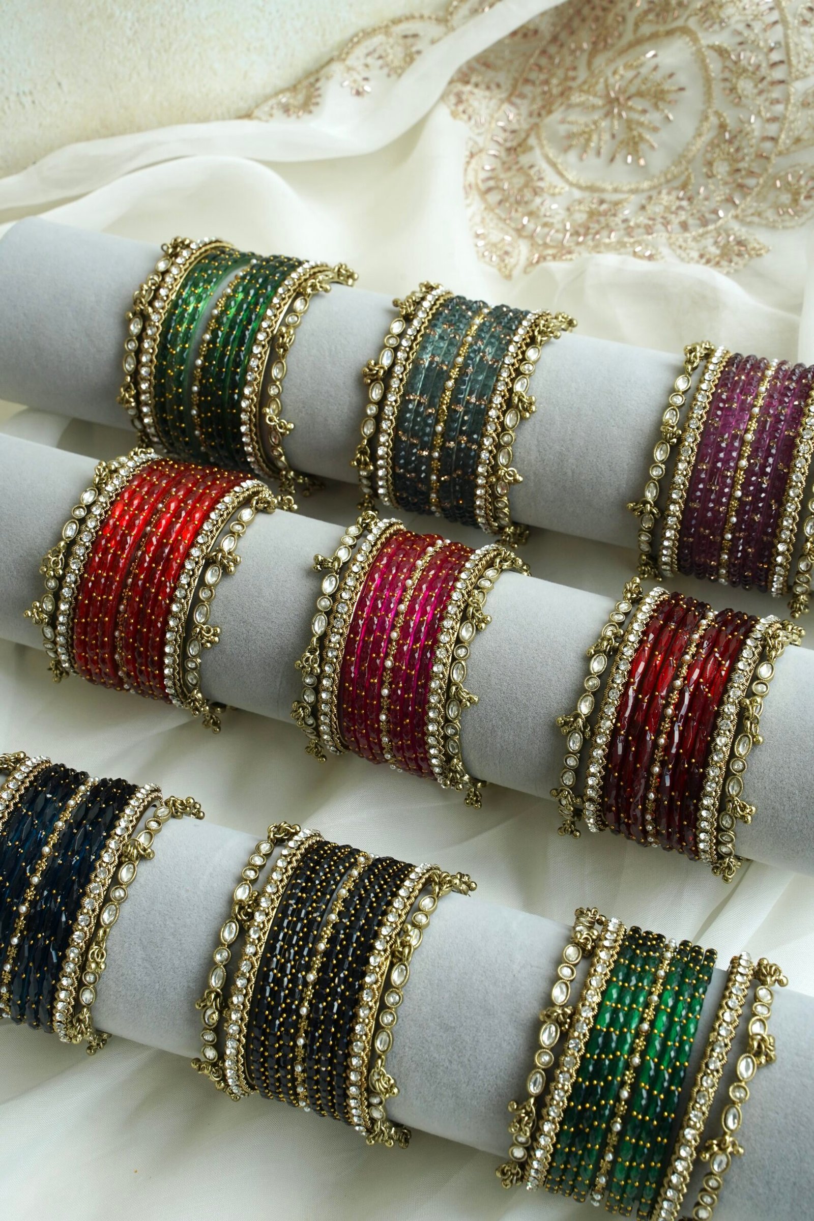 ghungroo stone glass bangle set, 11 bangles per arm, for South Asian festive wear