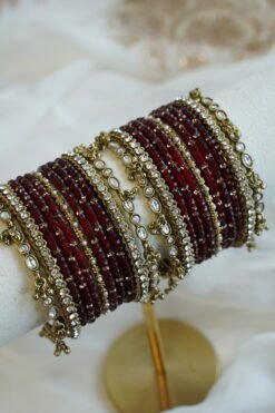 maroon ghungroo stone glass bangle set, for South Asian festive wear