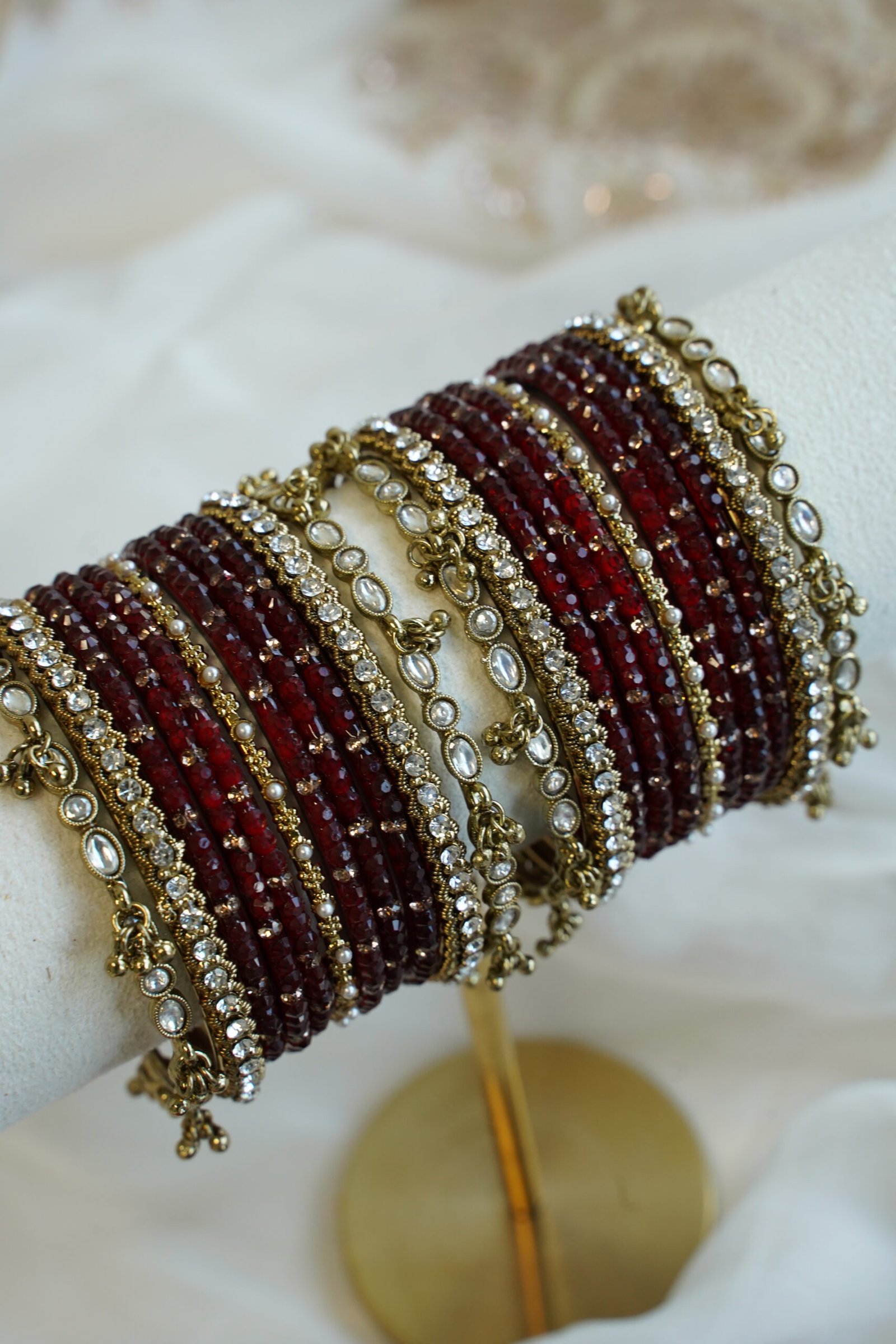 maroon ghungroo stone glass bangle set, for South Asian festive wear
