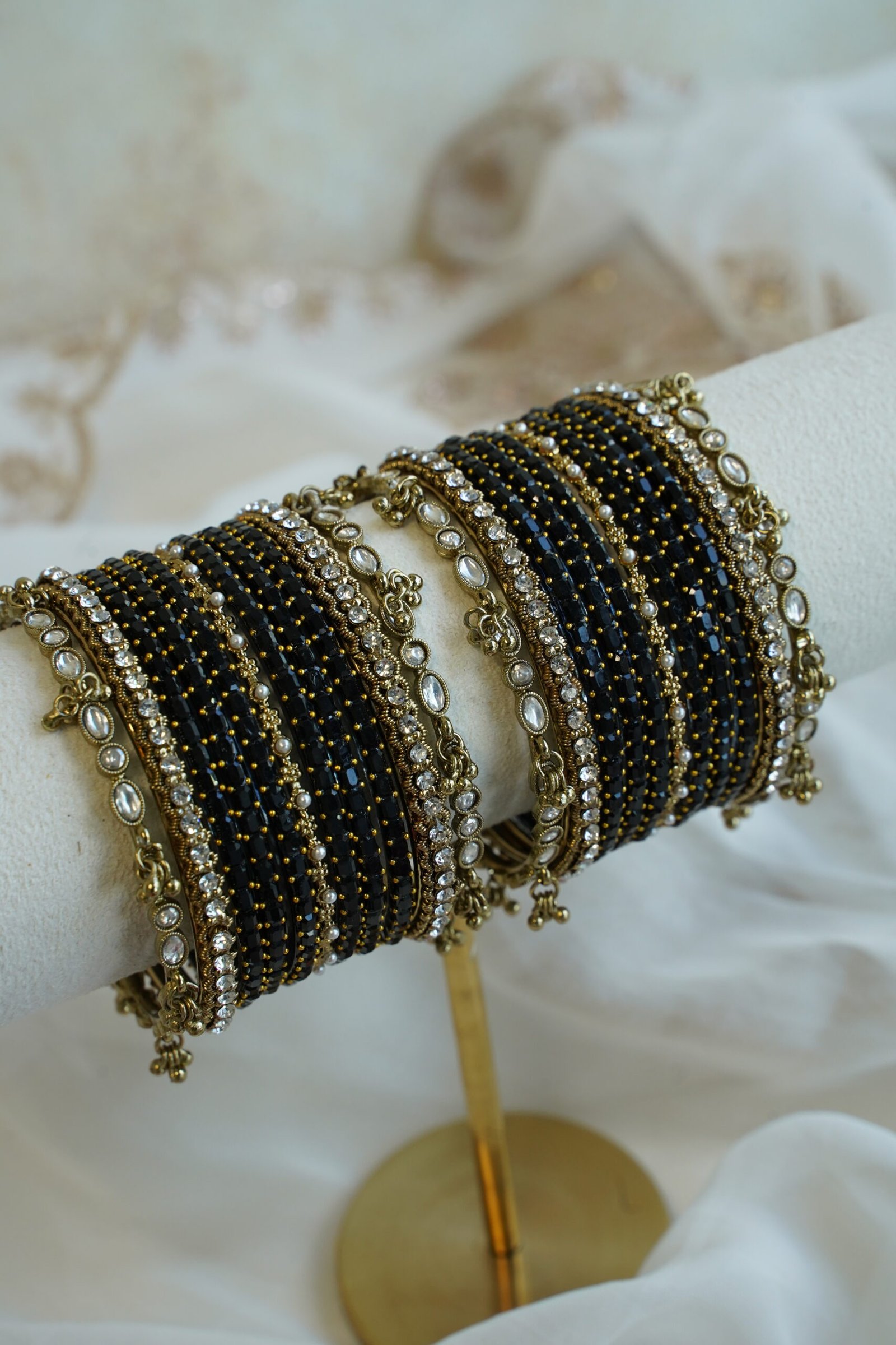 black ghungroo stone glass bangle set, for South Asian festive wear
