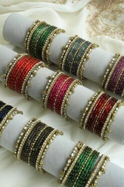 ghungroo stone glass bangle set, 11 bangles per arm, for South Asian festive wear