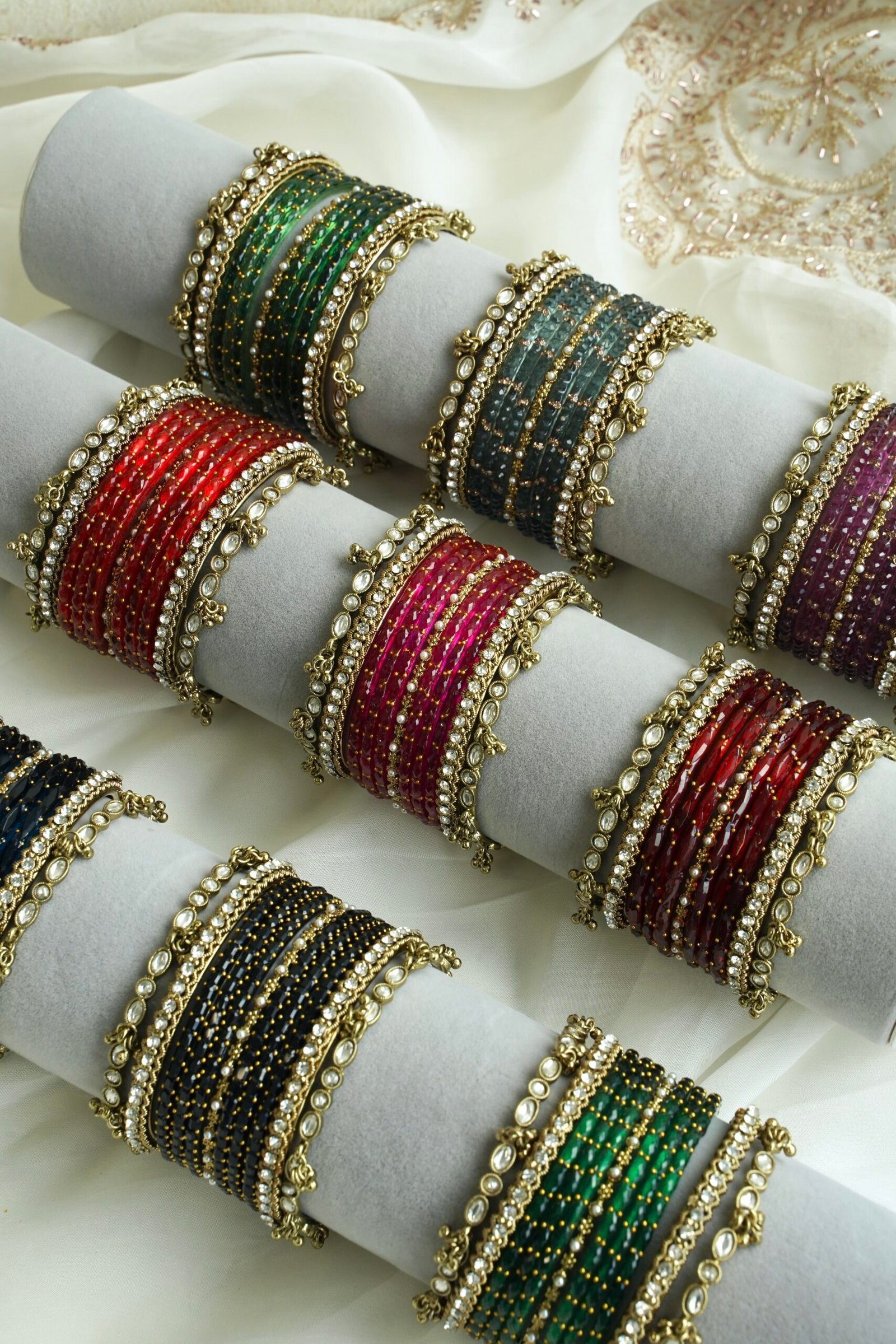 ghungroo stone glass bangle set, 11 bangles per arm, for South Asian festive wear