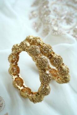 Gold statement bangle kada set of 2 with floral beadwork - South Asian bridal jewelry