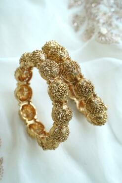 Gold statement bangle kada set of 2 with floral beadwork - South Asian bridal jewelry