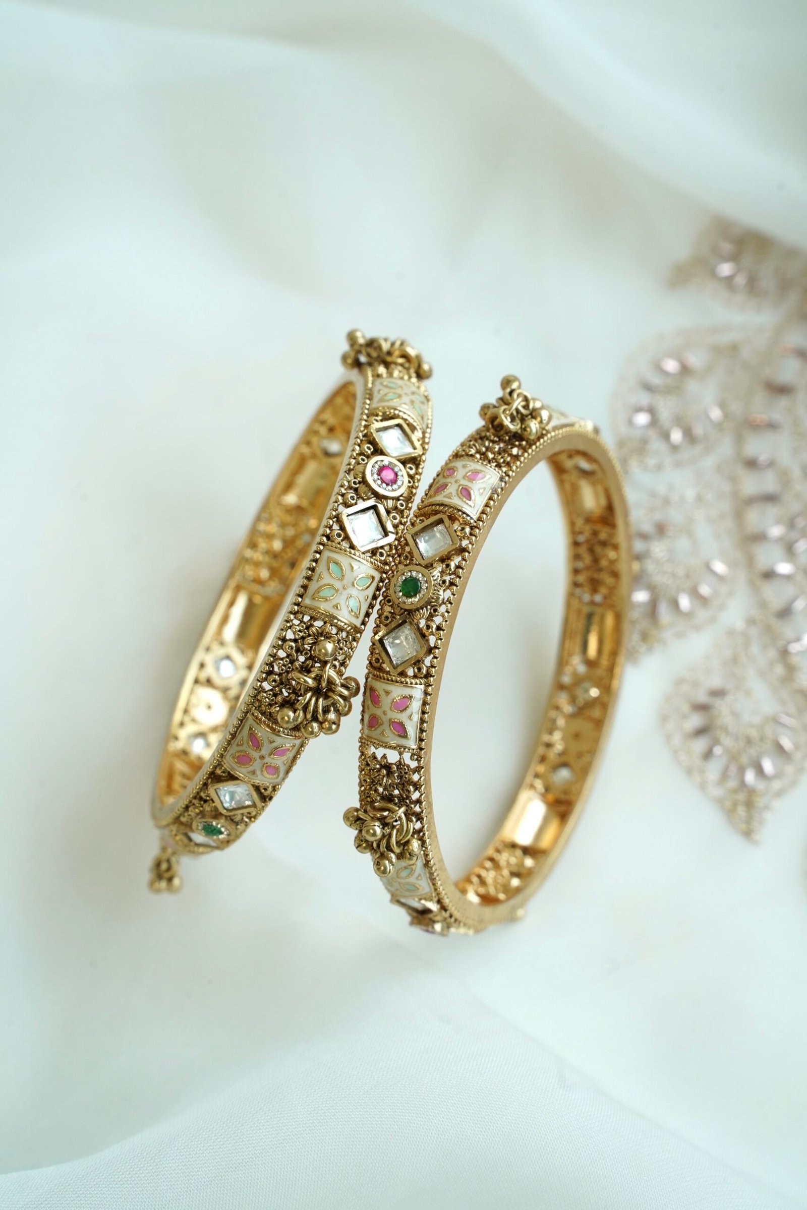 Heritage meenakari kundan bangle set with ruby and green stones - South Asian traditional jewelry