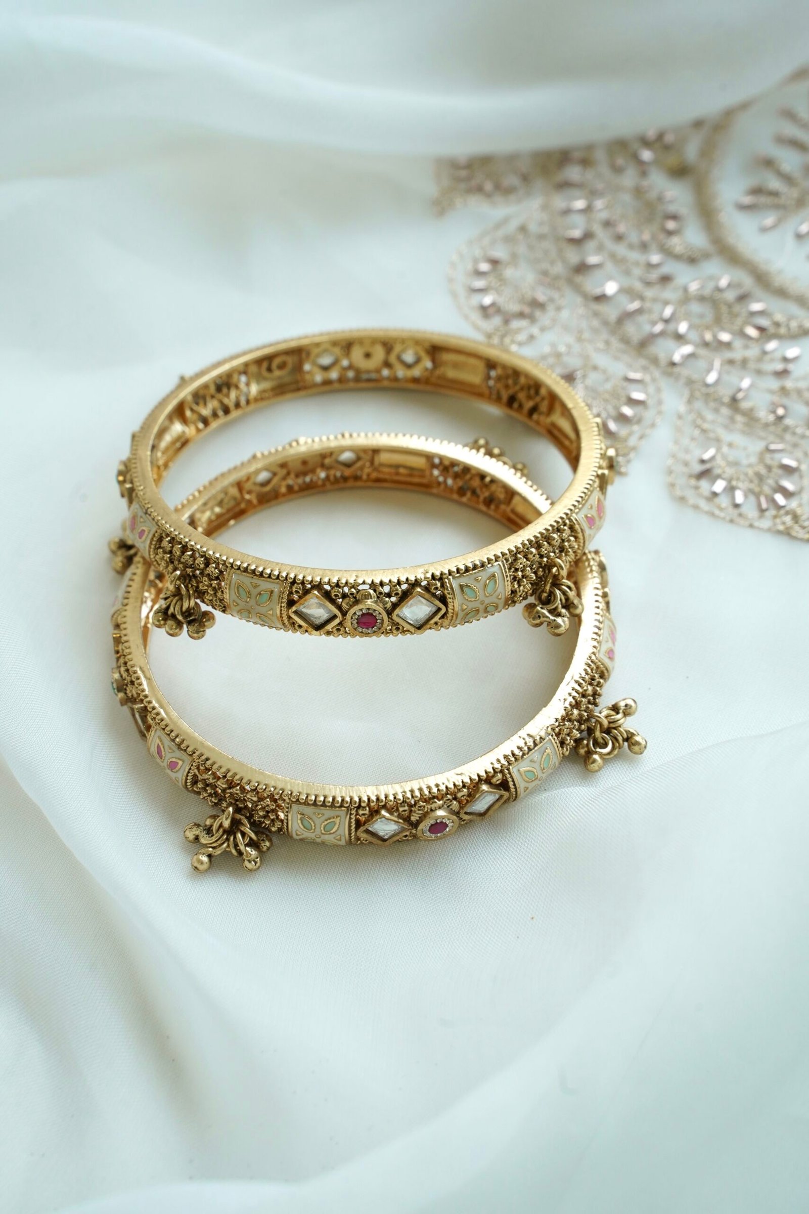 Heritage meenakari kundan bangle set with ruby and green stones - South Asian traditional jewelry