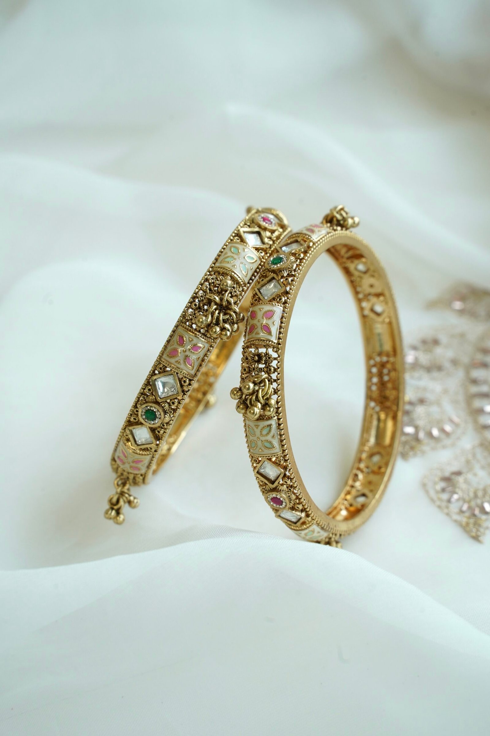 Heritage meenakari kundan bangle set with ruby and green stones - South Asian traditional jewelry