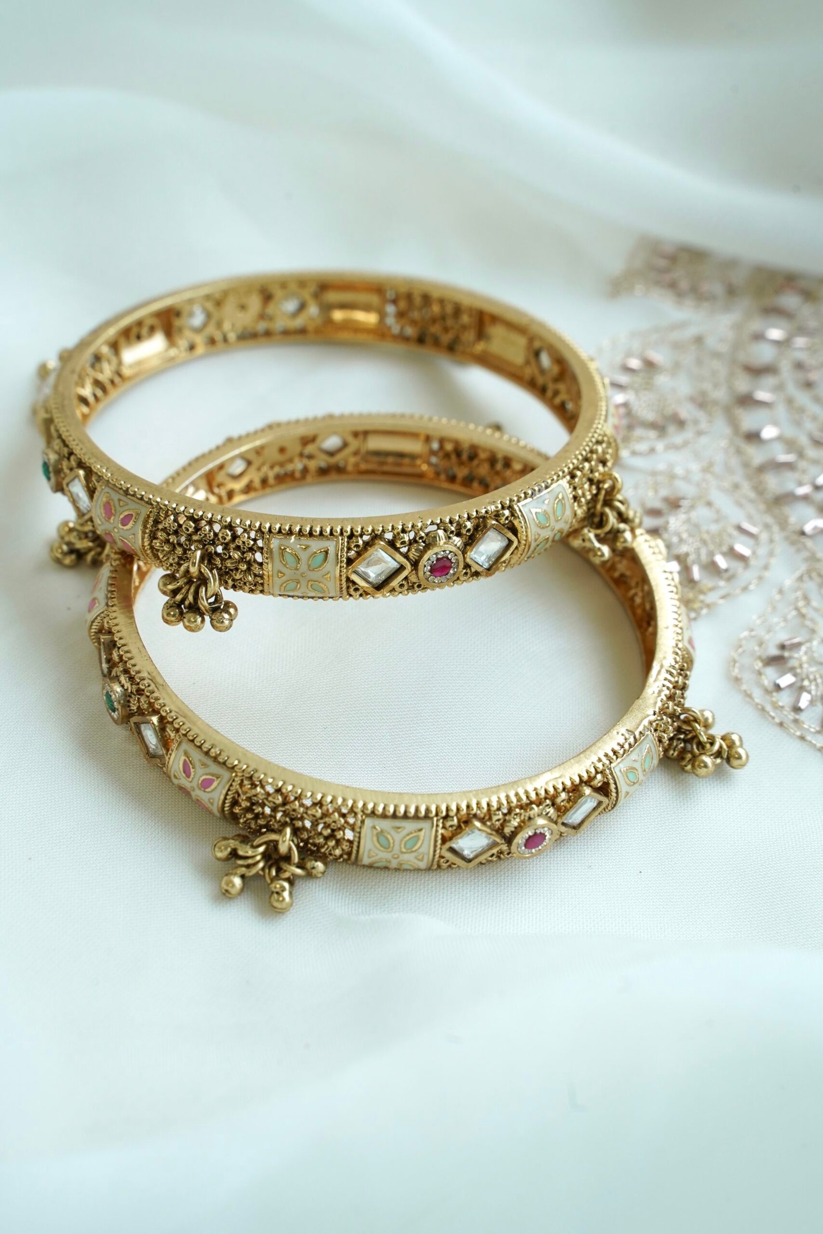 Heritage meenakari kundan bangle set with ruby and green stones - South Asian traditional jewelry