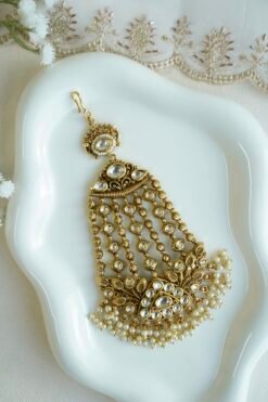 Gold plated Kundan passa jhumar with pearl drops - South Asian bridal hair jewelry