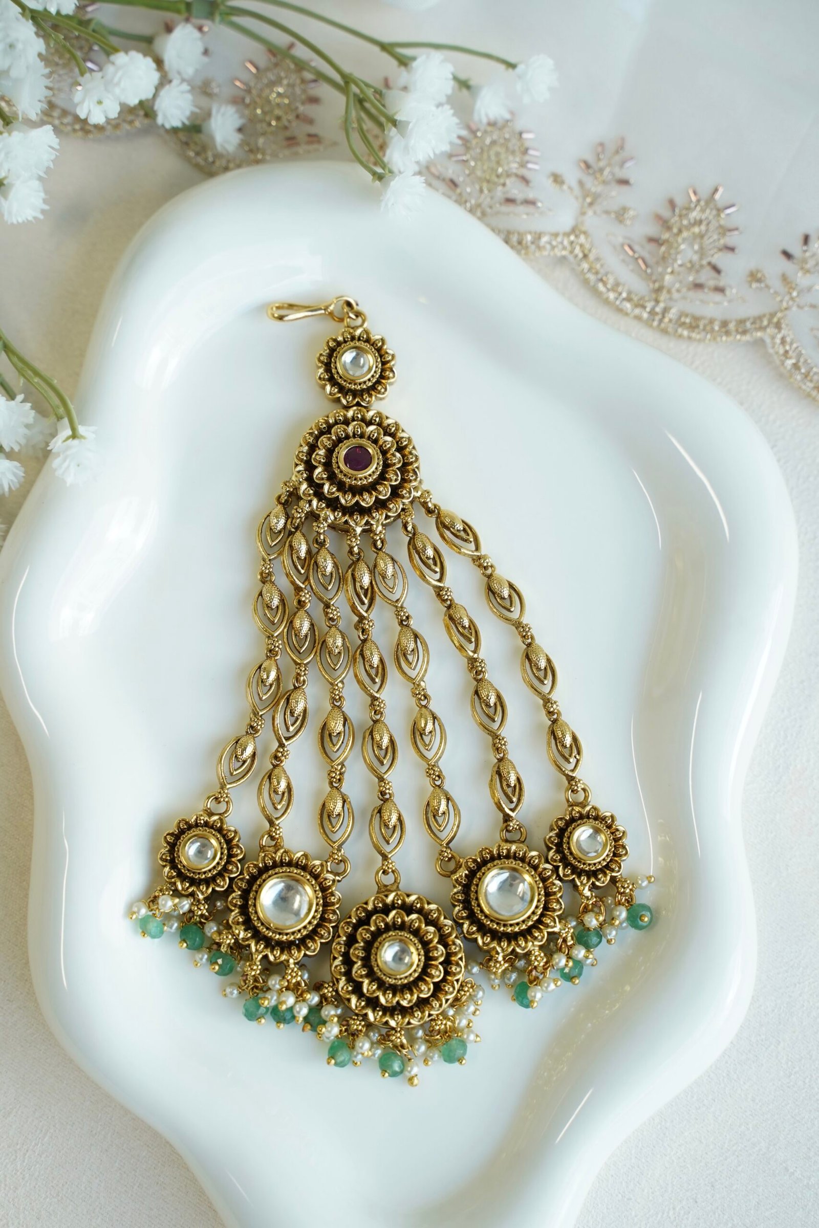 Kundan green beaded passa jhoomar with pearl and ruby detail - South Asian bridal hair jewelry