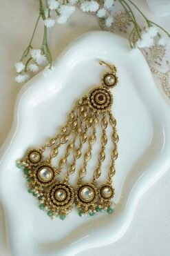 Kundan green beaded passa jhoomar with pearl and ruby detail - South Asian bridal hair jewelry
