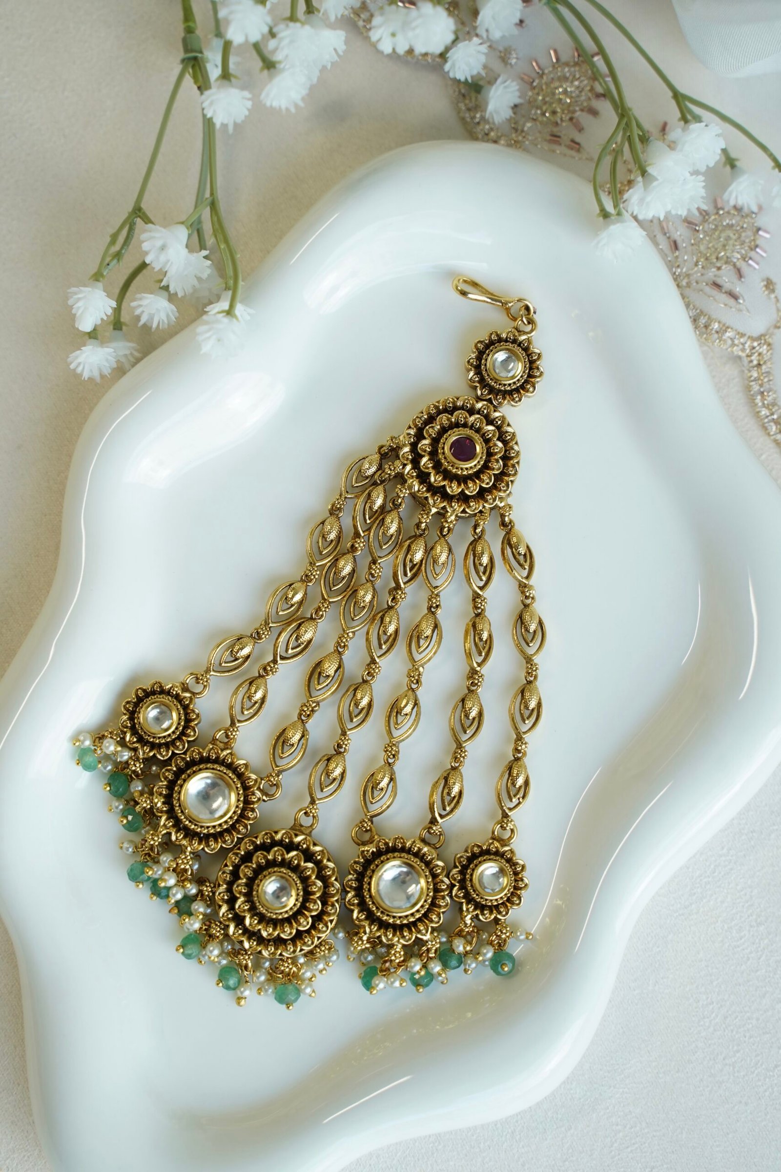 Kundan green beaded passa jhoomar with pearl and ruby detail - South Asian bridal hair jewelry